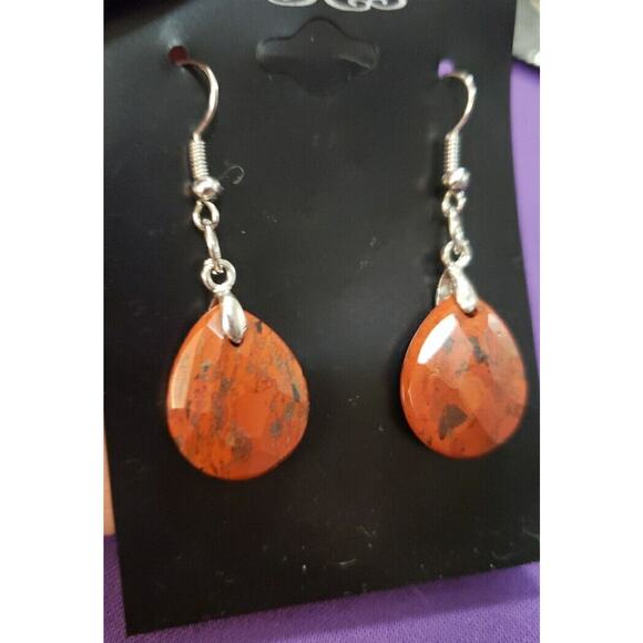 Natural Red Jasper Dangle Earrings Teardrop Shape Marbled Red Color, Silver Tone - Picture 1 of 6